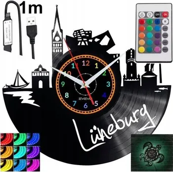 Hodiny Luneburg Nástěnné Hodiny LED RGB Podsvícené Dálkové Ovládání Vinylová Deska Moderní