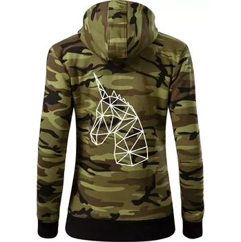 Dámská mikina Geometrie - Jednorožec - Dámská mikina trendy zipper s kapucí - L ( Zelený maskáč )