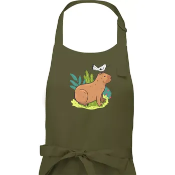 Kuchyňská zástěra Kapybara a ptáček - Pánská zástěra na vaření - Univerzální velikost ( Khaki )
