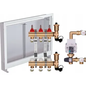 rozdělovač topení Mosazný rozdělovač pro podlahové topení 3 okruhy s ČERPADLEM WILO + PODOMÍTKOVÁ SKŘÍŇKA