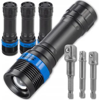 LED Taktická Svítilna ZOOM Silná Vojenská Na Baterie 4ks + Adaptéry