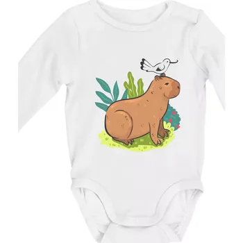 Kojenecký body Kapybara a ptáček - Body kojenecké s dlouhým rukávem - Dlouhý r. do 3 měs ( Bílá )
