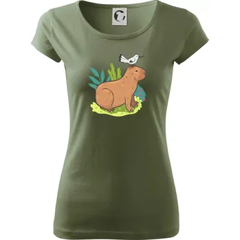 Dámské tričko Kapybara a ptáček - Dámské triko Pure - M ( Khaki )