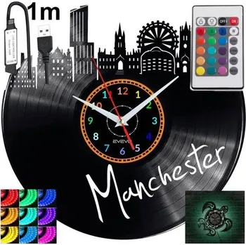 Hodiny Manchester Nástěnné Hodiny Podsvícené LED RGB S Dálkovým Ovládáním Vinylová Deska Nové