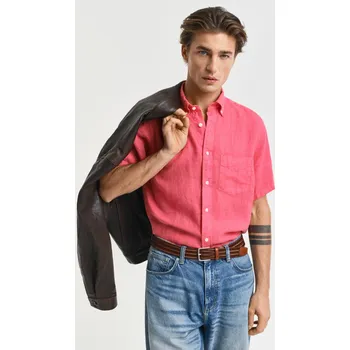 Pánské oblečení KOŠILE GANT REG GMNT DYED LINEN SS SHIRT WATERMELON RED