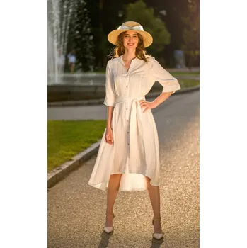 Dámské šaty Leder‑Pellicce JUSTINA dámské letní šaty s vazačkou – bílá/béžový proužek 34/36