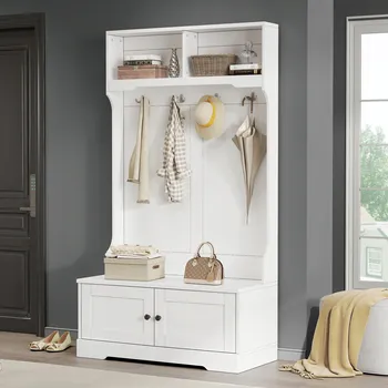 Věšák Věšák na oblečení, botník 2 přihrádky, 4 háčky, bílý