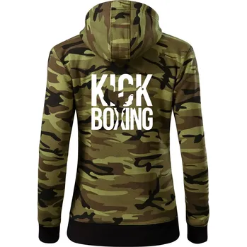 Dámská mikina Nápis Kick Boxing - Dámská mikina trendy zipper s kapucí - S ( Zelený maskáč )