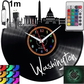 Hodiny Washington Nástěnné Hodiny Podsvícené LED RGB S Dálkovým Ovládáním Vinylová Deska Nové