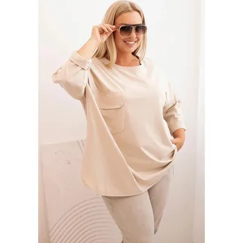 Dámská halenka Dámská blůza Plus Size s bavlnou, kapsou a ohrnutým rukávem béžová UNI