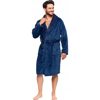 Pánský župan PÁNSKÝ KRÁTKÝ ŽUPAN TEPLÝ S KOSTKOVANÝM LEMOVÁNÍM MORAJ TMAVĚ MODRÝ M