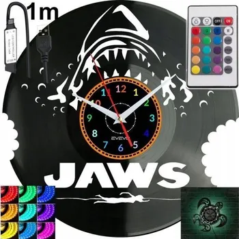 Hodiny Žralok Nástěnné hodiny s LED RGB podsvícením na dálkové ovládání - Moderní design z vinylové desky