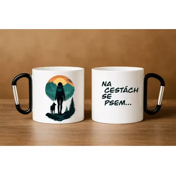 Plechový hrnek - Na cestách se psem - 300 ml s karabinou (Plechový hrnek 300 ml s černou karabinou – motiv „Na cestách se psem“)