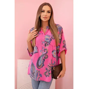Dámská halenka Dámská bavlněná blůza s ozdobným potiskem a ohrnutými rukávy růžová UNI