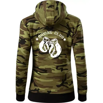 Dámská mikina Boxing club nápis - Dámská mikina trendy zipper s kapucí - S ( Zelený maskáč )