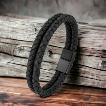 Náramek ARVADA černý dvojitý pánský kožený náramek délka 23cm