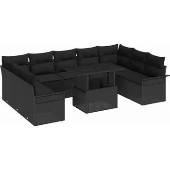 Zahradní sestava vidaXL Sada zahradních pohovek s polštářem 10 pcs Černá Poly Ratan [3357086]