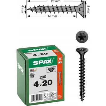 Vrut Vruty do dřeva SPAX 4x20 zápustná hlava T20 černé 200 ks