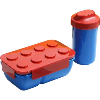 Termobox Obědový box 1050 ml Design stavební kostka Bento box s hrnkem Tři přihrádky Uzavíratelný Přenosný Mikrovlnka Myčka Jídelní krabička červená