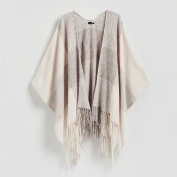 Dámský svetr Reserved - Pončo s třásněmi - pšeničná - 750FD-12X - 750FD-12X-ONE