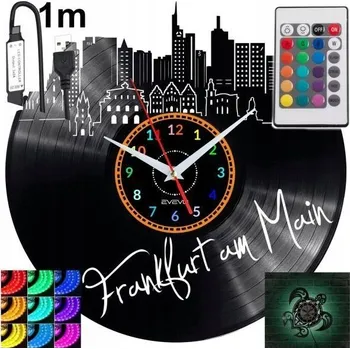 Hodiny Frankfurt Nástěnné Hodiny LED RGB Podsvícené Dálkové Ovládání Vinylová Deska Moderní