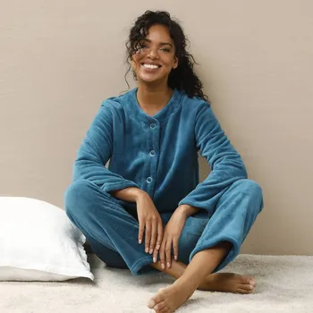 Dámský kabát Fleecové pyžamo s propínacím kabátkem paví modrá 42/44