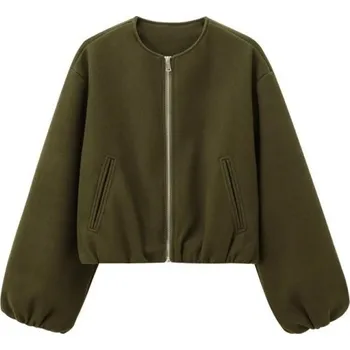 Dámská casual bunda Dámská podzimní bunda se zipem Volný střih Dlouhé rukávy s gumičkou Stylový kabátek s kapsami Elegantní svrchník do města armádní zelená L