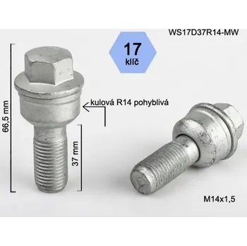 Šroubek na kolo Kolový šroub M14x1,5x37 koule R14 pohyblivá, klíč 17, BIMECC