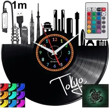 Hodiny Tokyo Nástěnné Hodiny s LED RGB Podsvícením na Dálkové Ovládání - Vinylová Deska - Moderní Design
