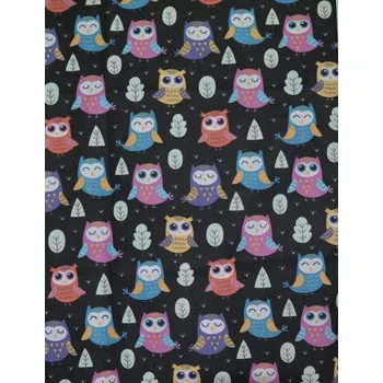 Bavlněná česká látka šíře 160cm - Sovičky na černé (50cm)