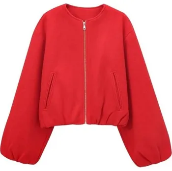 Dámská podzimní bunda se zipem Volný střih Dlouhé nabírané rukávy Přední kapsy Jednoduchý městský styl Elegantní kabátek do chladna červená L