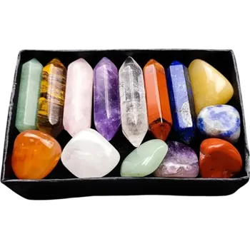 Sada přírodních kamenů 14 ks v krabičce 8 x 5 cm Hůlky a nepravidelné kameny Lapis lazuli Ametyst Růženín Aventurin Tygří oko