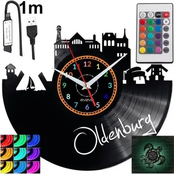 Hodiny Oldenburg Nástěnné hodiny s LED RGB podsvícením na dálkové ovládání - design vinylové desky, moderní