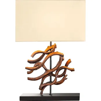 Lampička Stolní lampa Ralyn ve venkovském stylu se stínítkem v béžové barvě s dekoračním prvkem z teakového dřeva 57 cm