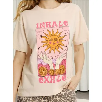 Dámské tričko Sinsay - Bavlněné oversize tričko s potiskem - béžová - 580EU-02X - 580EU-02X-L