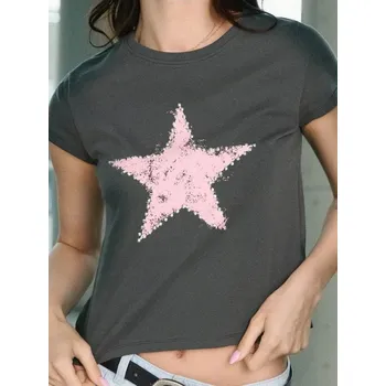 Dámské tričko Sinsay - Tričko s potiskem a kamínky - šedá - 556EU-90X - 556EU-90X-L