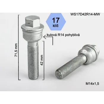 Šroubek na kolo Kolový šroub M14x1,5x42 koule R14 pohyblivá, klíč 17, BIMECC