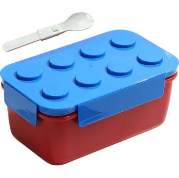 Termobox Obědový box 1300 ml Design stavební kostka Bento box s vidličkou Tři přihrádky Uzavíratelný Mikrovlnka Myčka Přenosný jídelní box modrá