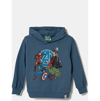 Chlapecká mikina Dětská bavlněná mikina United Colors of Benetton modrá barva, s kapucí, s potiskem, 3PQMG2012 3PQMG2012.P.Seasonal 95X, vel. 82