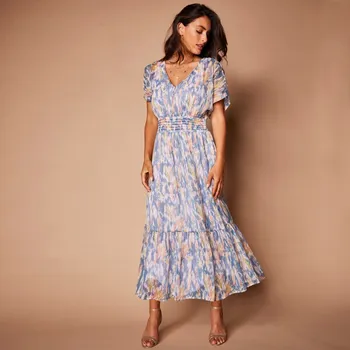 Dámské šaty Dlouhé šaty s potiskem a lurexovým vláknem modrošedá 40