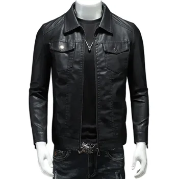 Pánská větrovka Pánská černá koženková bunda Moderní stylová bunda se zipem Elegantní streetwear Bunda s kapsami Podzimní a jarní pánská móda L