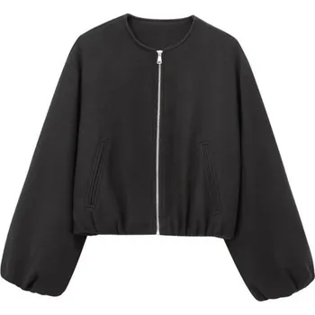 Dámská casual bunda Dámská podzimní bunda se zipem Volný střih Dlouhé nabírané rukávy Přední kapsy Jednoduchý městský styl Elegantní kabátek do chladna černá S