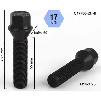 Šroubek na kolo Kolový šroub M14x1,25x55, černý, kužel, klíč 17, BIMECC