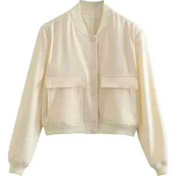 Dámská casual bunda Dámská krátká bunda s dlouhým rukávem Elegantní kabátek s velkými kapsami Lehký svrchník na jaro a podzim Módní městský styl béžova M
