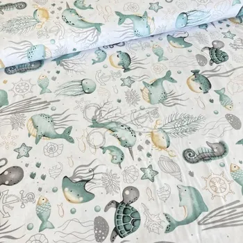 Bavlněná česká látka šíře 160cm - Vodní svět mentol (50cm)