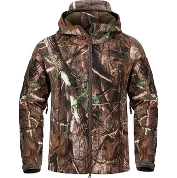 Pánská větrovka Pánská outdoorová softshellová bunda Stromový maskáčový vzor Lovecká bunda s kapucí Zipové kapsy Prodyšná bunda do přírody S