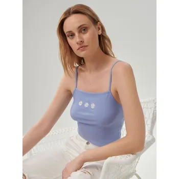 Dámské tričko Sinsay - Crop top s ozdobnou výšivkou - modrá - 7188K-05X - 7188K-05X-M