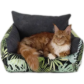 Pelíšek pro psa Pelíšek JUNA (Zelené listy), 90x70 hnědý, polštář: bonbón