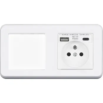 Elektrická zásuvka UNIC Elektrická zásuvka (230V+USB+USBc 5V Rychlé nabíjení) + vypínač jednopólový č.1 v rámečku 153mm, plast bílý
