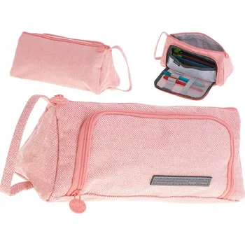 Penál Školní penál dvoukomorový pouzdro kosmetická taštička rozkládací 3v1 růžový